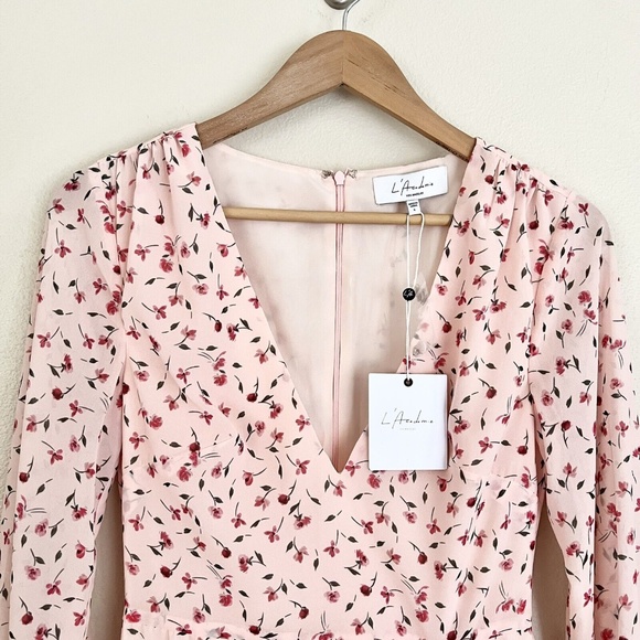L’ACADEMIE Ruched Floral Long Sleeve Mini Dress in Pink - Picture 6 of 10